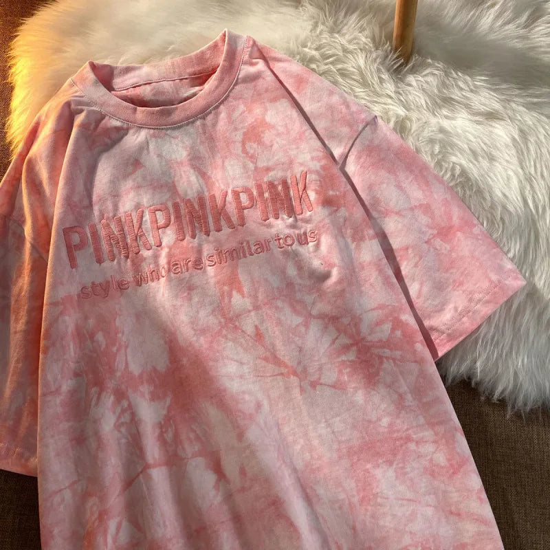 Tie-dye Embroidery Letter Short Sleeve Top Korean Popular Trendy Female T-shirt Summer New 2024 Fashion Y2K Tops Tie-dye Embroidery Letter Short Sleeve Top Korean Popular Trendy Female T-shirt Summer New 2024 Fashion Y2K Tops